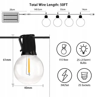BOMCOSY Solar LED Lichtsnoer 15M 25 G40 Tuin Balkon Warm Wit — miniatuur 2