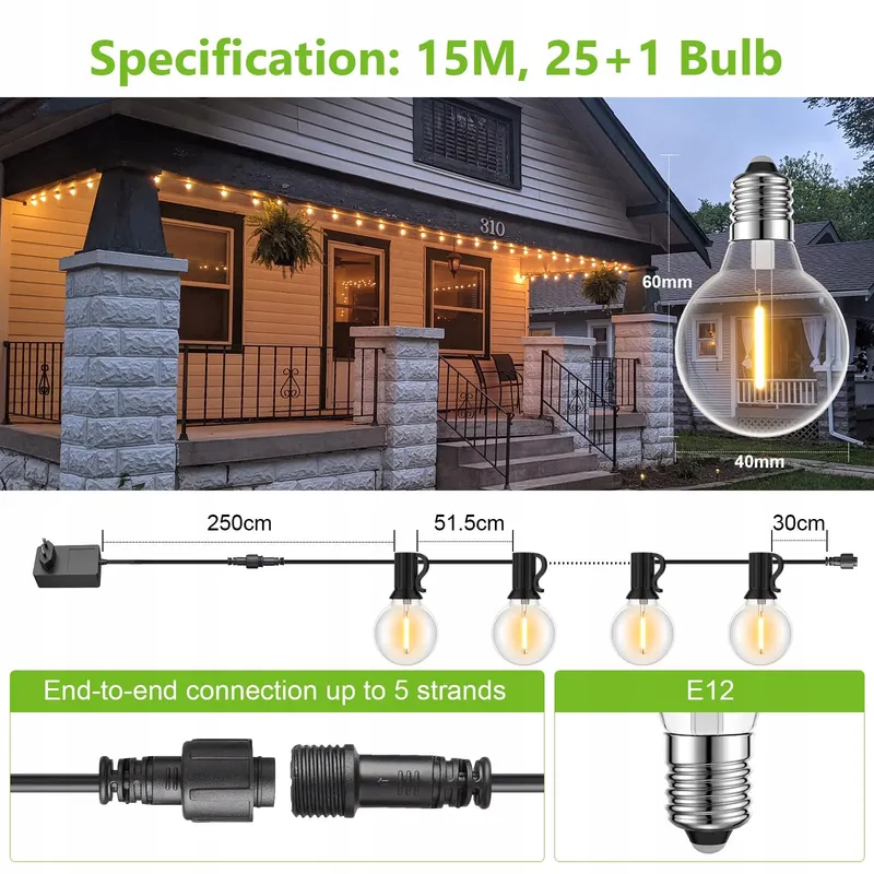 LED Lichtketting Buiten 15M 25+1 G40 Waterdicht 24V Tuin Feest — foto 4