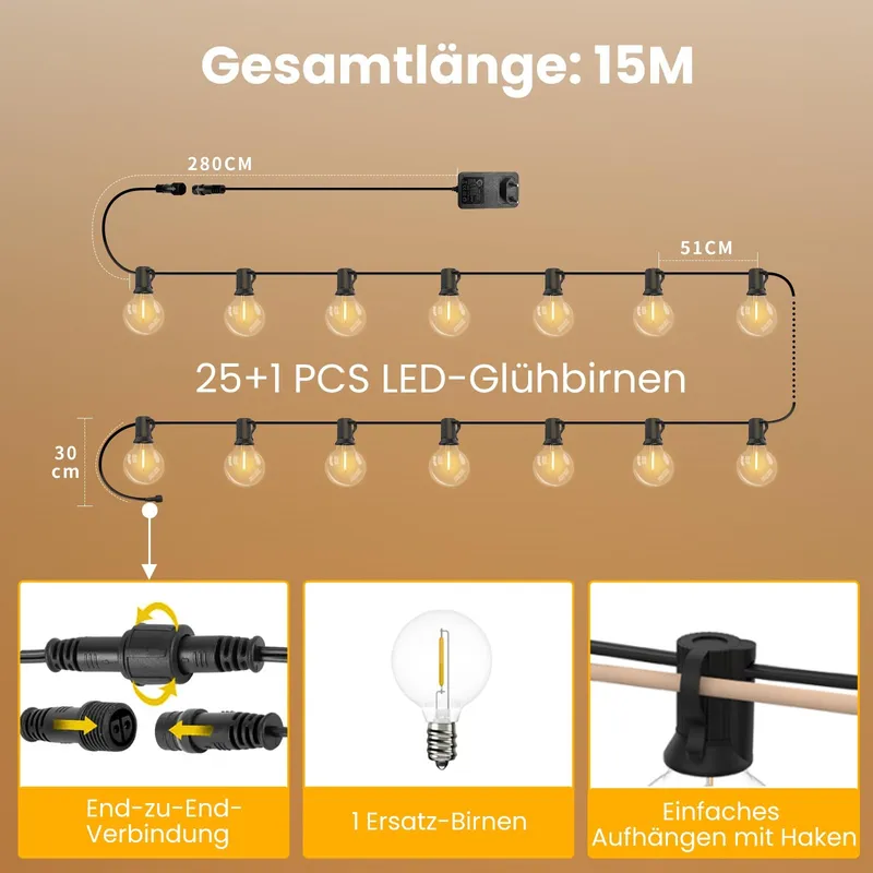 YUUSEI LED Lichtsnoer Buiten 15M Afstandsbediening 25 Lampen IP45 — foto 4