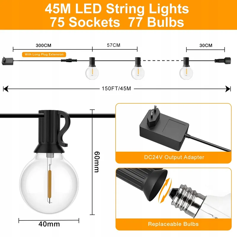 GLUROO LED Lichtsnoer Buiten 45M 75 Lampen Warm Wit Waterdicht — foto 7