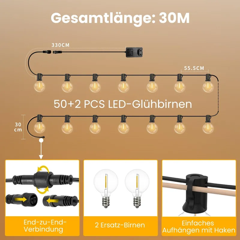 YUUSEI LED Lichtketting Buiten 30M Afstandsbediening 52 Lampen IP45 — foto 4