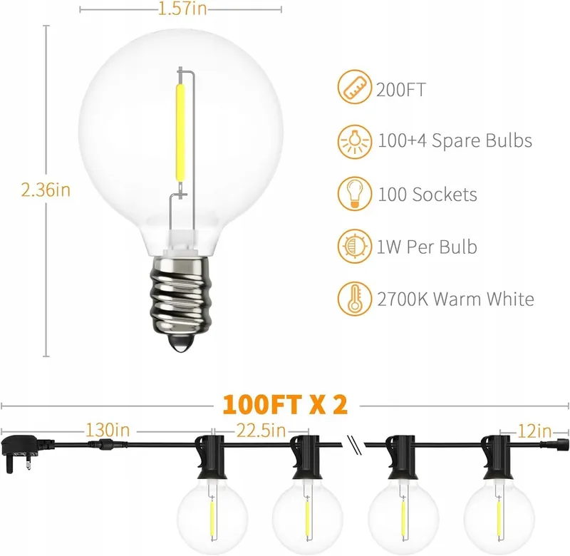YUUCIO Lichtketting Buiten 60M G40 100+4 Lampen IP44 2700K — foto 3