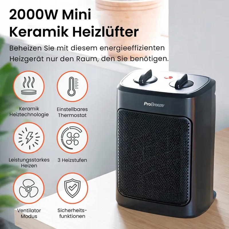 PRO BREEZE Mini Keramische Kachel 2000W Zwart — foto 2