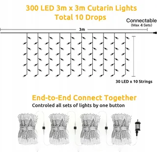 DEKOFUN LED Lichtgordijn Waterdicht 300 LED 3x3m — miniatuur 3