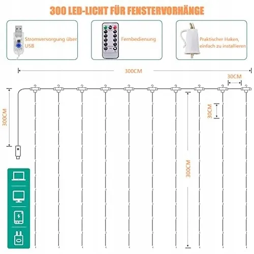 SUNLISKY LED Lichtgordijn Waterdicht 3x3m 300LED — foto 5