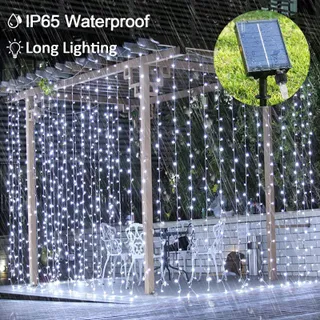 MICACORN Solar LED Lichtgordijn Wit 3Mx3M 300 LED 8 Modi — miniatuur 3