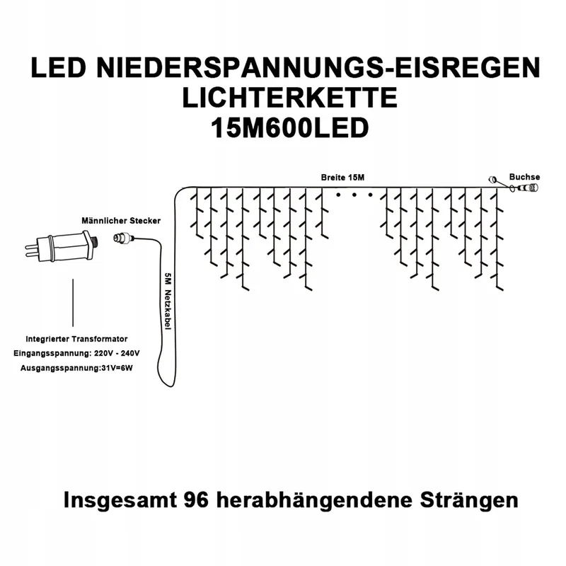 INTERGO Lichtgordijn Buiten 15M 600 LED 8 Modi Kleurrijk β foto 7