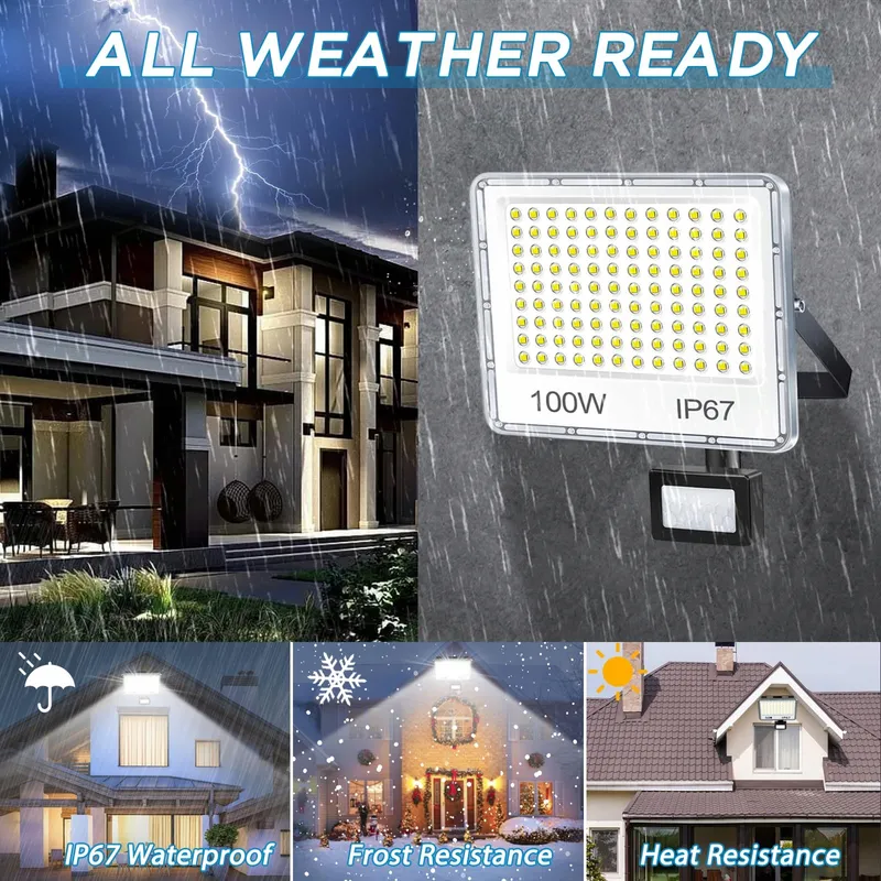 YIQIBRO LED Schijnwerper 100W Bewegingsmelder Koud Wit IP67 Tuin Garage — foto 3
