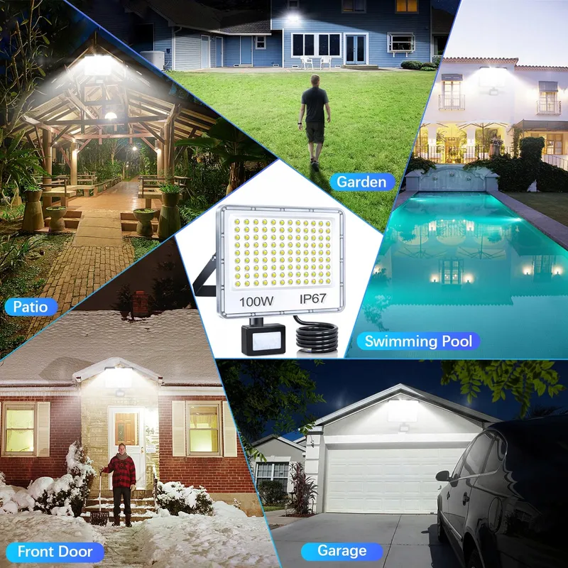YIQIBRO LED Schijnwerper 100W Bewegingsmelder Koud Wit IP67 Tuin Garage — foto 6