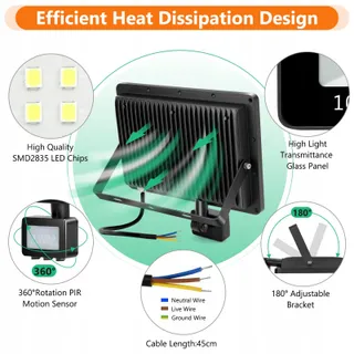 YIQIBRO LED Schijnwerper Bewegingsmelder 100W 10000LM IP67 Buiten — miniatuur 4