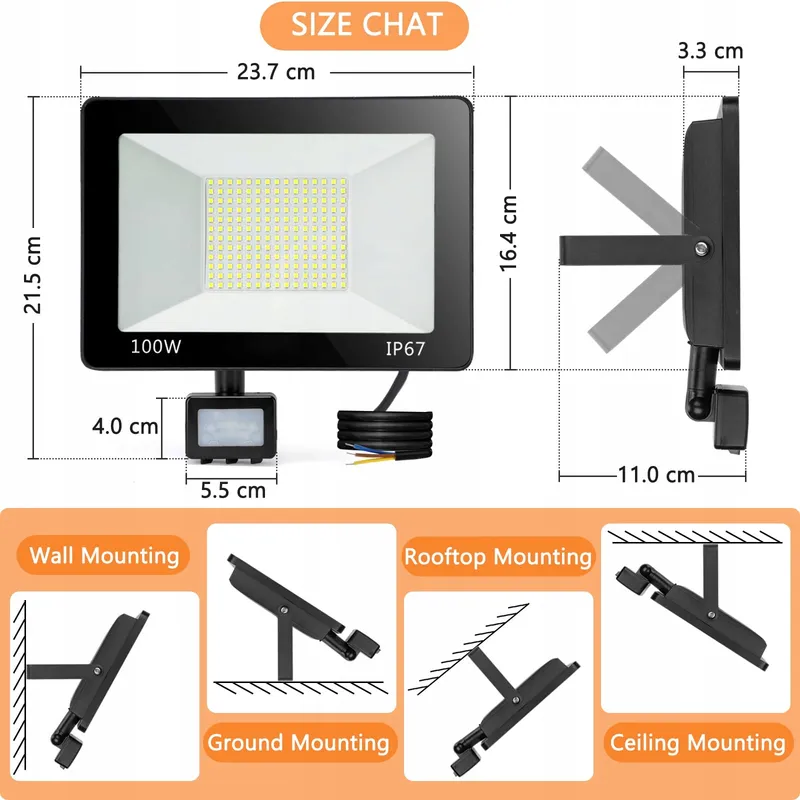 YIQIBRO LED Schijnwerper Bewegingsmelder 100W 10000LM IP67 Buiten — foto 7