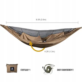 ONETIGRIS Kompound Hangmat 1 Persoon met Klamboe 260x130cm Coyote Brown — miniatuur 3