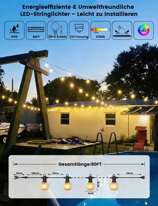 ZOTOYI LED Lichtketting 80FT IP65 Waterdicht 32 Lampen Warmwit — miniatuur 5
