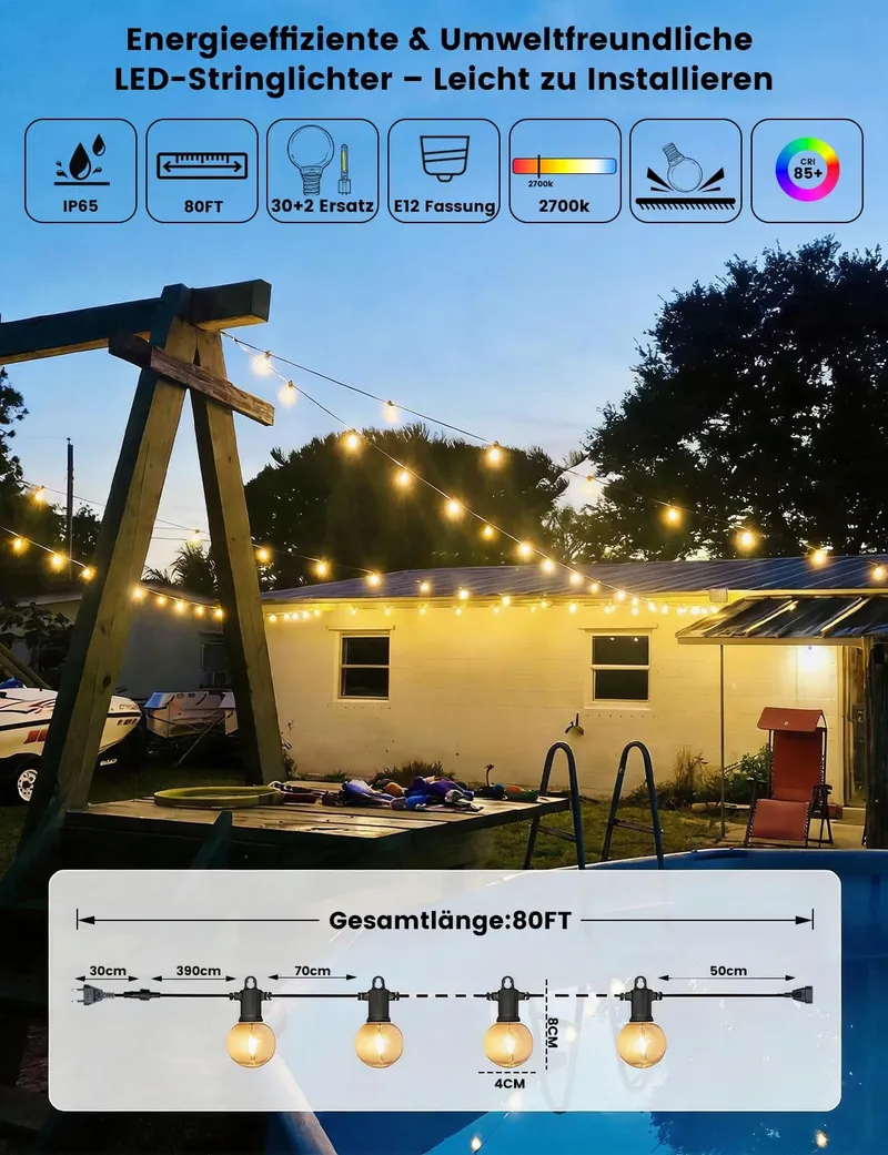 ZOTOYI LED Lichtketting 80FT IP65 Waterdicht 32 Lampen Warmwit — foto 5