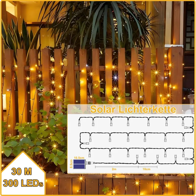 ZCLIKEU Solar Lichtsnoer 30m 300 LED Warm Wit 8 Modi Waterdicht — foto 2