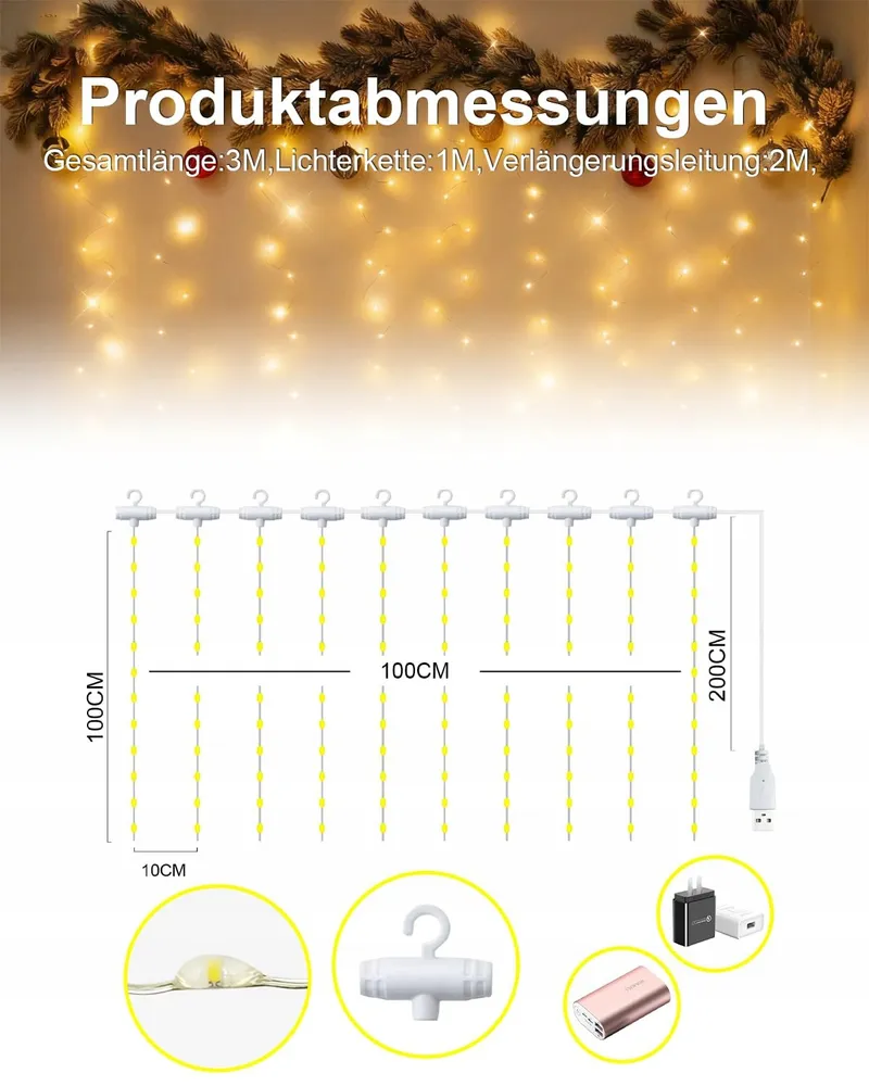 ADALYROMA Lichtgordijn USB 100 LED Haakjes Bruiloft Feest Kerst Binnen — foto 2