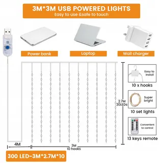 ZYRIVON LED Lichtgordijn 3x3m 200 LED USB Warm Wit Interieur — miniatuur 5