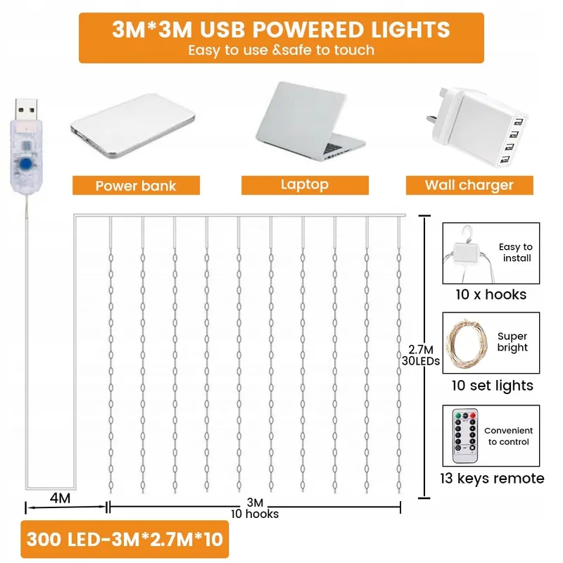 ZYRIVON LED Lichtgordijn 3x3m 200 LED USB Warm Wit Interieur — foto 5