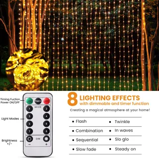 ZYRIVON LED Lichtgordijn 3x3m 200 LED USB Warm Wit Interieur — miniatuur 3