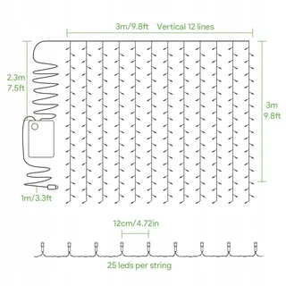 LED Lichtgordijn 3x3m 300 Warm Wit 8 Standen USB Binnen Buiten — miniatuur 5
