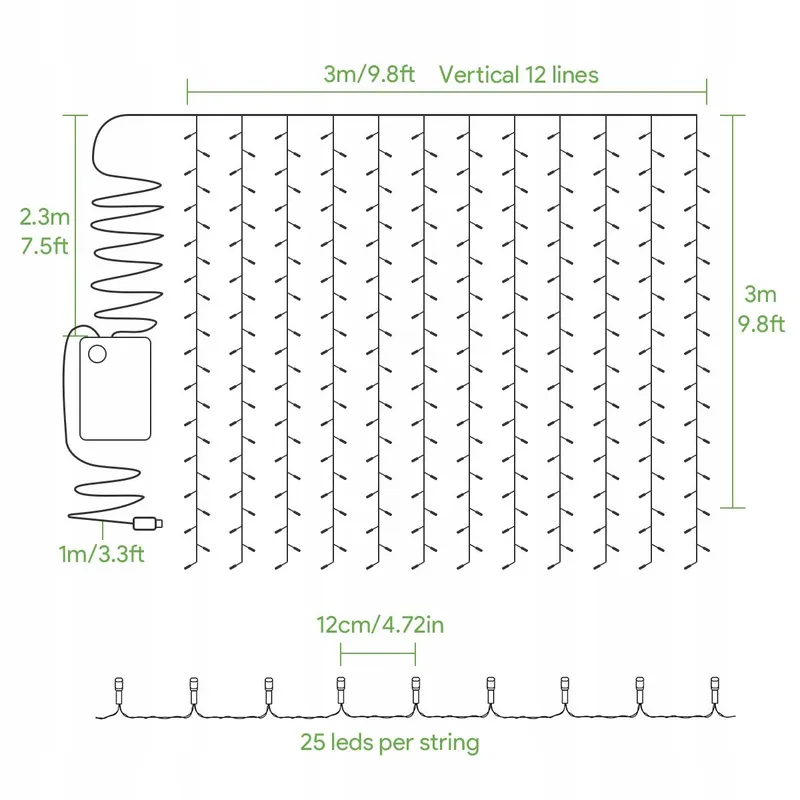 LED Lichtgordijn 3x3m 300 Warm Wit 8 Standen USB Binnen Buiten — foto 5