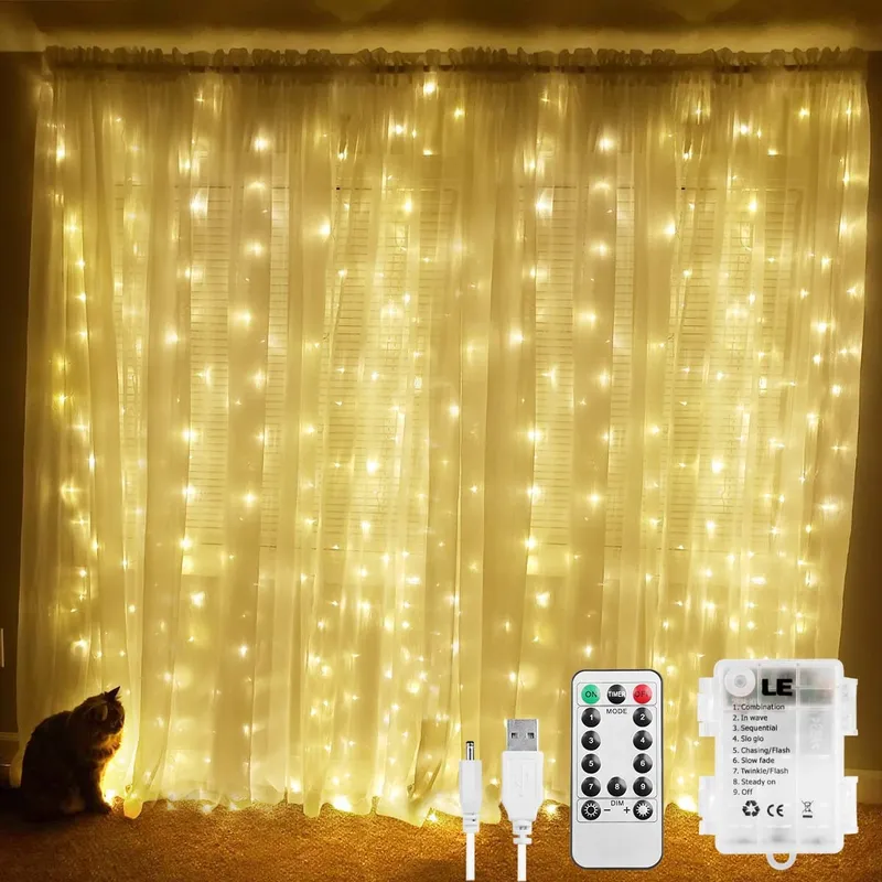 LED Lichtgordijn 3x3m 300 Warm Wit 8 Standen USB Binnen Buiten — foto 1