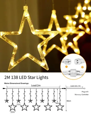 QUNTIS Lichtgordijn 138 LED 2m 12 Sterren Warmwit IP44 — miniatuur 3