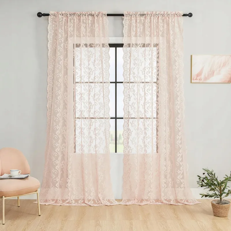 Vintage Kanten Gordijnen Roze 96 Inch Sheer Woonkamer Slaapkamer — foto 1
