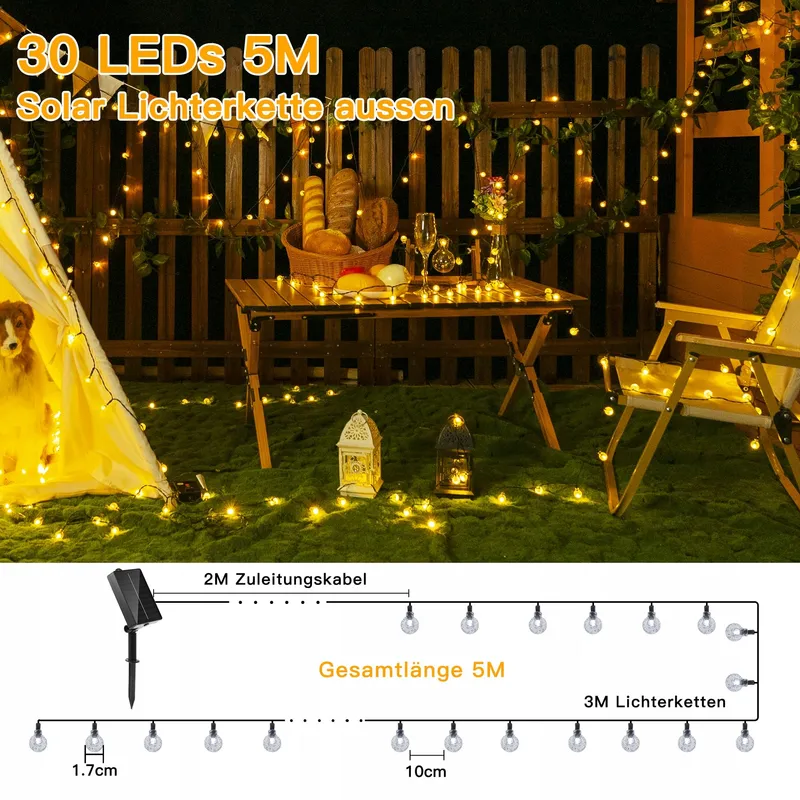 OLLNY Solar Lichtsnoer Buiten 5M 30 LED IP65 8 Modi — foto 2