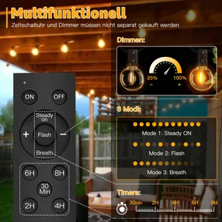 OLLNY Solar Lichtsnoer 10M 17 LED Afstandsbediening IP65 Tuin Balkon — miniatuur 5