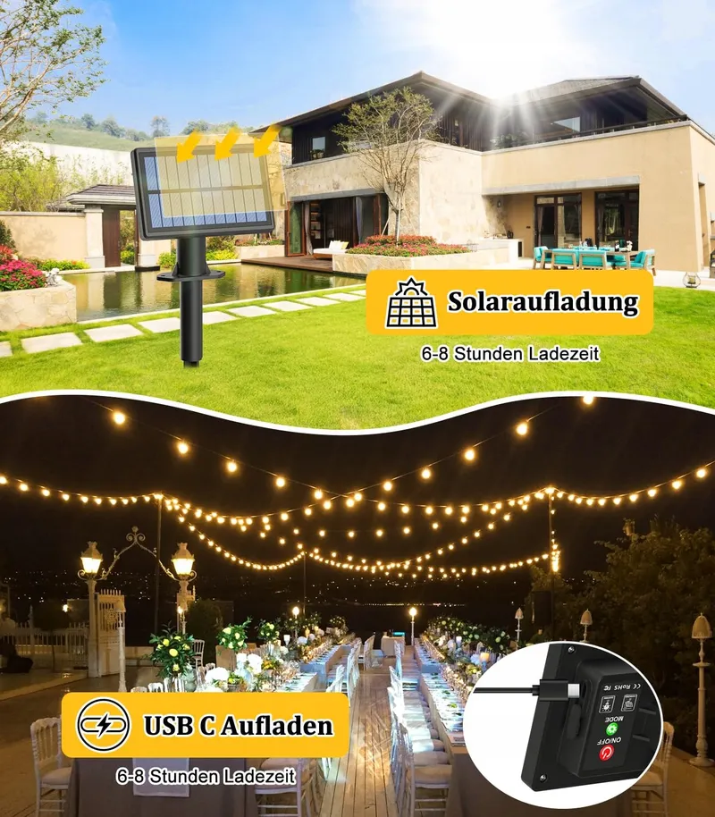 Solar LED Lichtsnoer 15M G40 Afstandsbediening IP44 Balkon Terras — foto 2