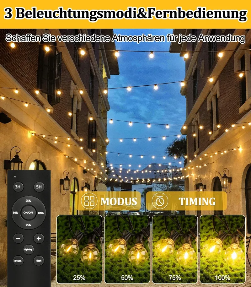 Solar LED Lichtsnoer 15M G40 Afstandsbediening IP44 Balkon Terras — foto 3