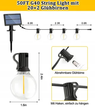 Solar LED Lichtsnoer 15M G40 Afstandsbediening IP44 Balkon Terras — miniatuur 4