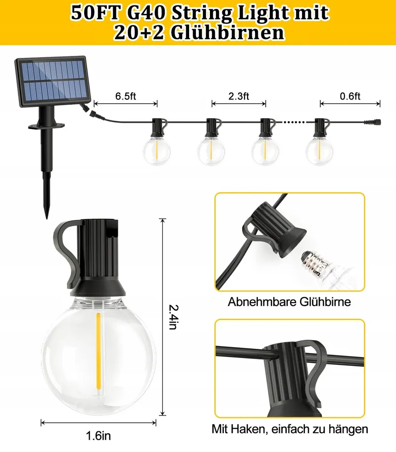 Solar LED Lichtsnoer 15M G40 Afstandsbediening IP44 Balkon Terras — foto 4