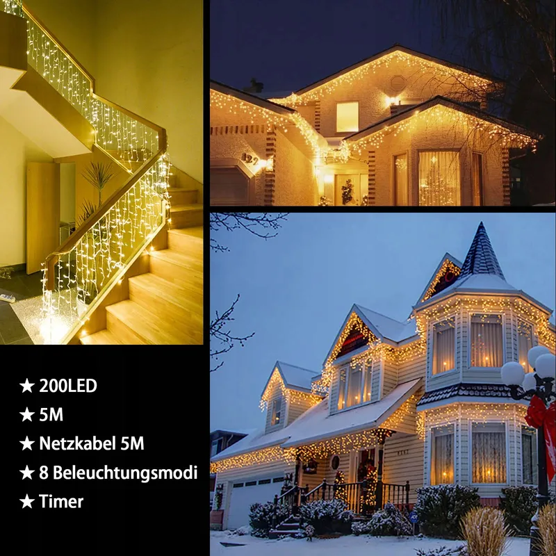 INTERGO LED Lichtgordijn 5m 200 LED Timer IP44 Waterdicht 8 Standen — foto 3