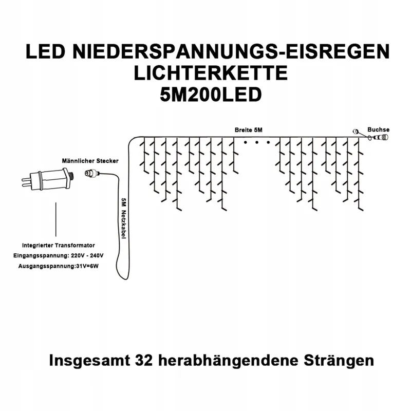 INTERGO LED Lichtgordijn 5m 200 LED Timer IP44 Waterdicht 8 Standen — foto 7