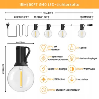 POGESTRAND LED Lichtsnoer Buiten 15M 25 Lampen Onbreekbaar — miniatuur 2
