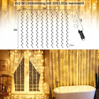 OLLNY LED Lichtgordijn 2x2m 200LED Warm Wit 8 Modi Timer Dimbaar — miniatuur 3