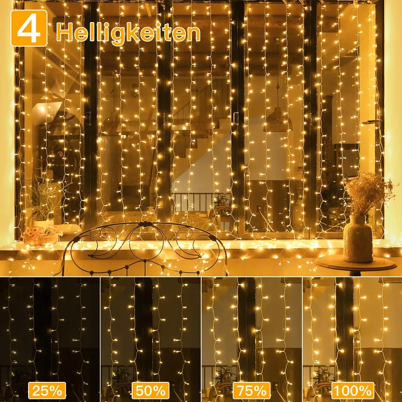 OLLNY LED Lichtgordijn 2x2m 200LED Warm Wit 8 Modi Timer Dimbaar — foto 8