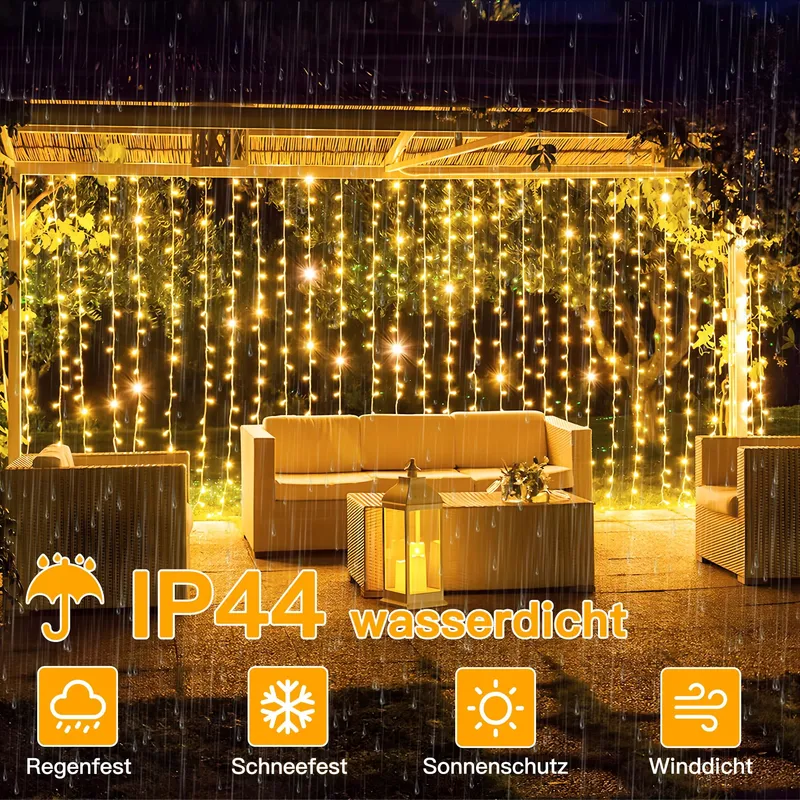 OLLNY LED Lichtgordijn 2x2m 200LED Warm Wit 8 Modi Timer Dimbaar — foto 7
