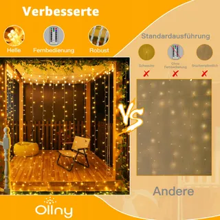 OLLNY LED Lichtgordijn 2x2m 200LED Warm Wit 8 Modi Timer Dimbaar — miniatuur 2