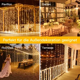 OLLNY LED Lichtgordijn 2x2m 200LED Warm Wit 8 Modi Timer Dimbaar — miniatuur 6
