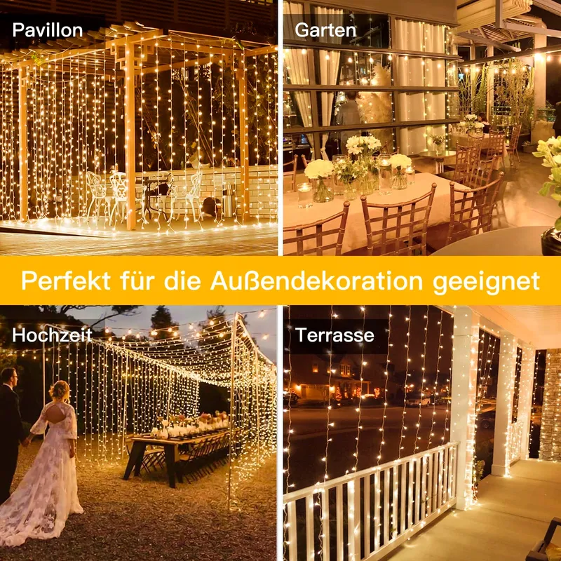 OLLNY LED Lichtgordijn 2x2m 200LED Warm Wit 8 Modi Timer Dimbaar — foto 6