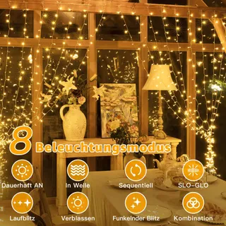 OLLNY LED Lichtgordijn 2x2m 200LED Warm Wit 8 Modi Timer Dimbaar — miniatuur 4