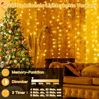 OLLNY LED Lichtgordijn 2x2m 200LED Warm Wit 8 Modi Timer Dimbaar — miniatuur 5