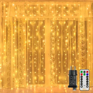 OLLNY LED Lichtgordijn 2x2m 200LED Warm Wit 8 Modi Timer Dimbaar
