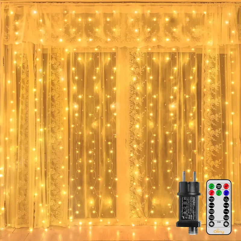 OLLNY LED Lichtgordijn 2x2m 200LED Warm Wit 8 Modi Timer Dimbaar — foto 1