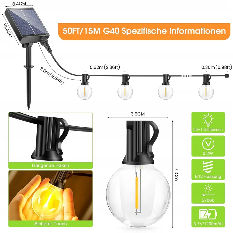 FGRYB Solar Lichtketting Buiten 15M 20+1 G40 met Afstandsbediening — foto 5