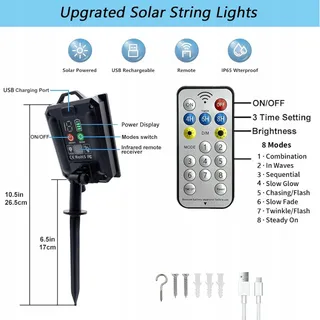 LITARK Solar Lichtketting 20 Lampen 10m 100 LED Afstandsbediening USB — miniatuur 7