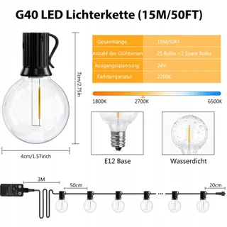 QIHANS LED Lichtsnoer Buiten 15M Lichtsensor Timer 27 G40 Lampen — miniatuur 5